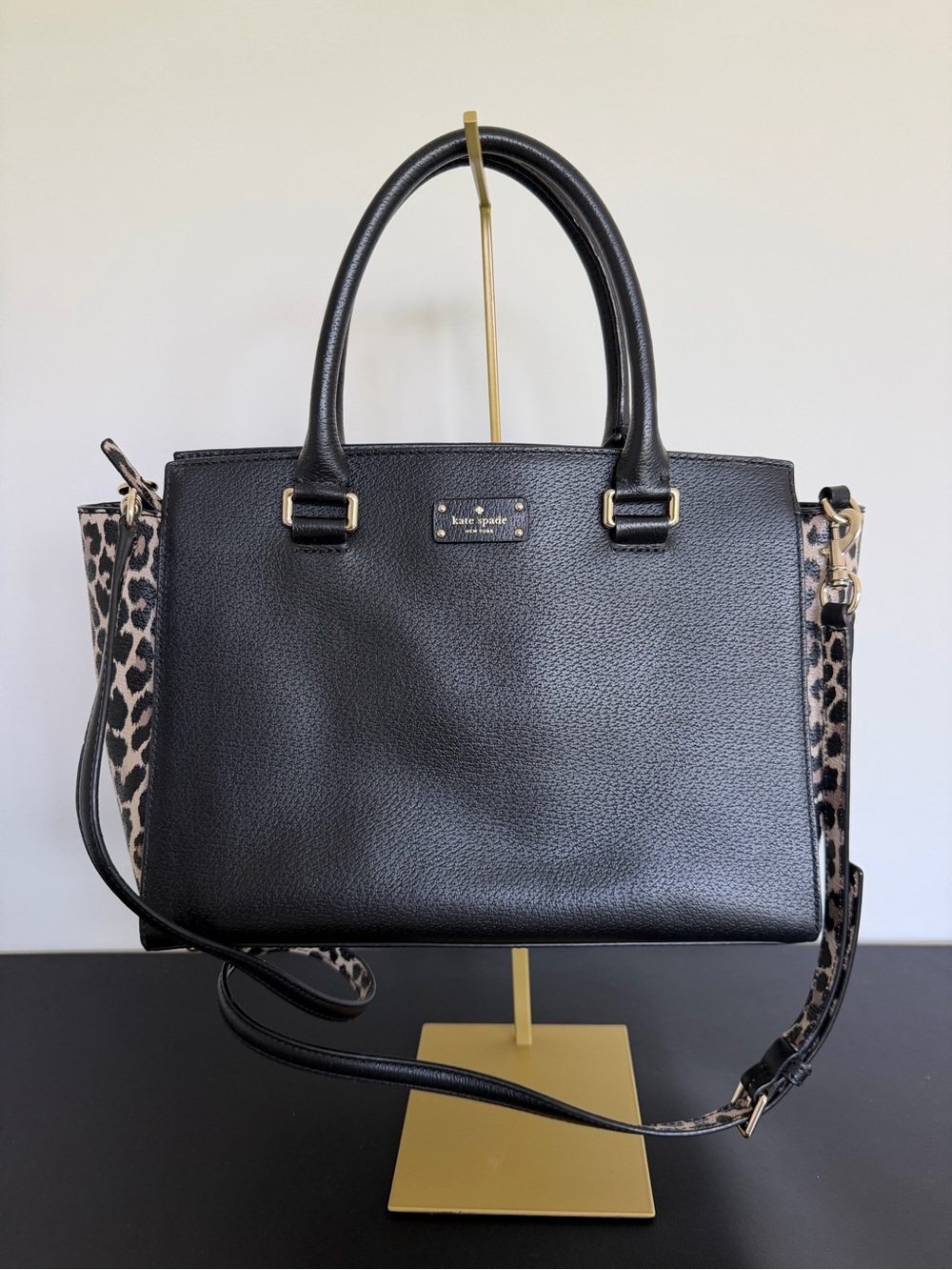 Kate Spade Grove Street Lana Leopard Black Leather Satchel Crossbody